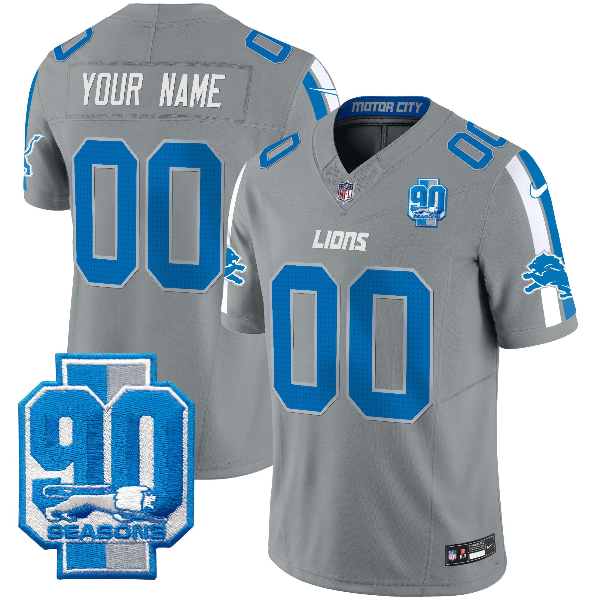 Men Detroit Lions Grey 2024 Nike 90th Year Patch Vapor Limited Custom NFL Jersey